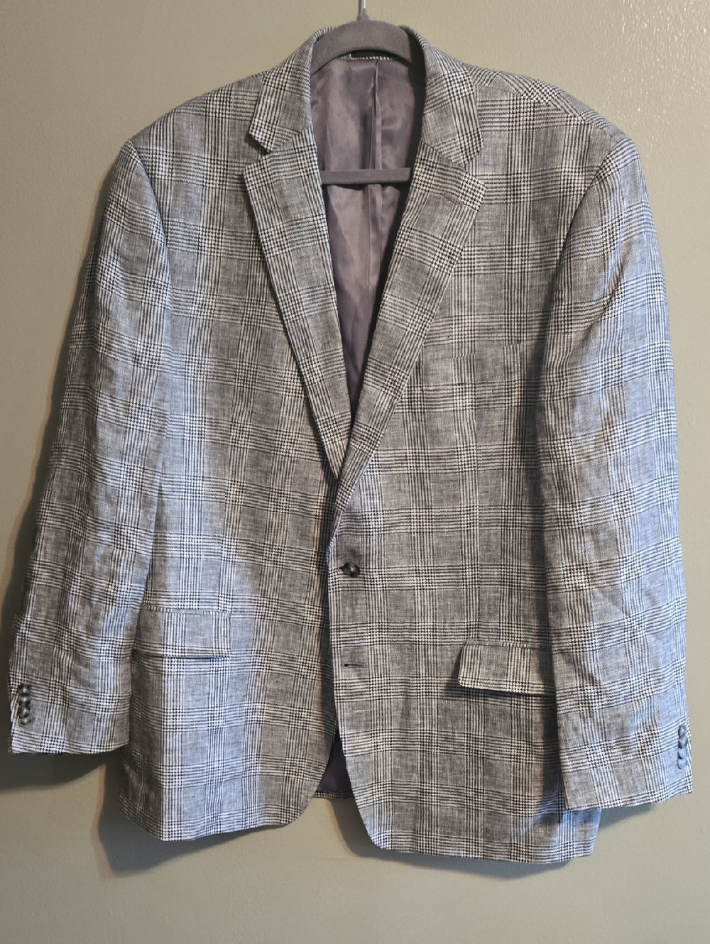 Michael Kors Mens Classic-Fit 100% Linen Plaid Sport Coat Blazer Grey Black 46L - Picture 3 of 11